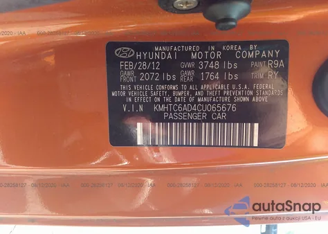 2012 Hyundai Veloster Base W/Black z USA, uszkodzony, nr VIN KMHTC6AD4CU065676